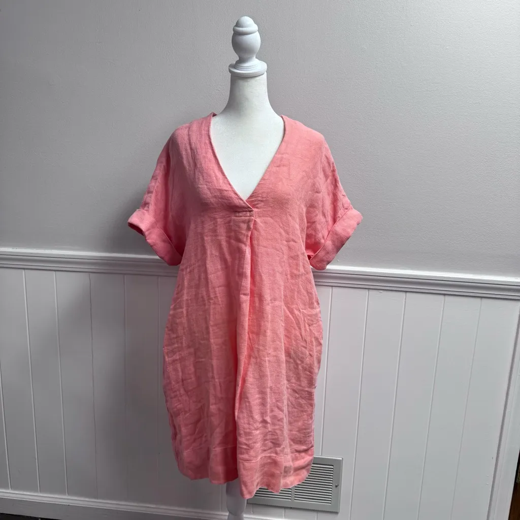 Faherty Sanibel Basketweave Dress Short Sleeve Mini Linen Light Pink Small - Image 15