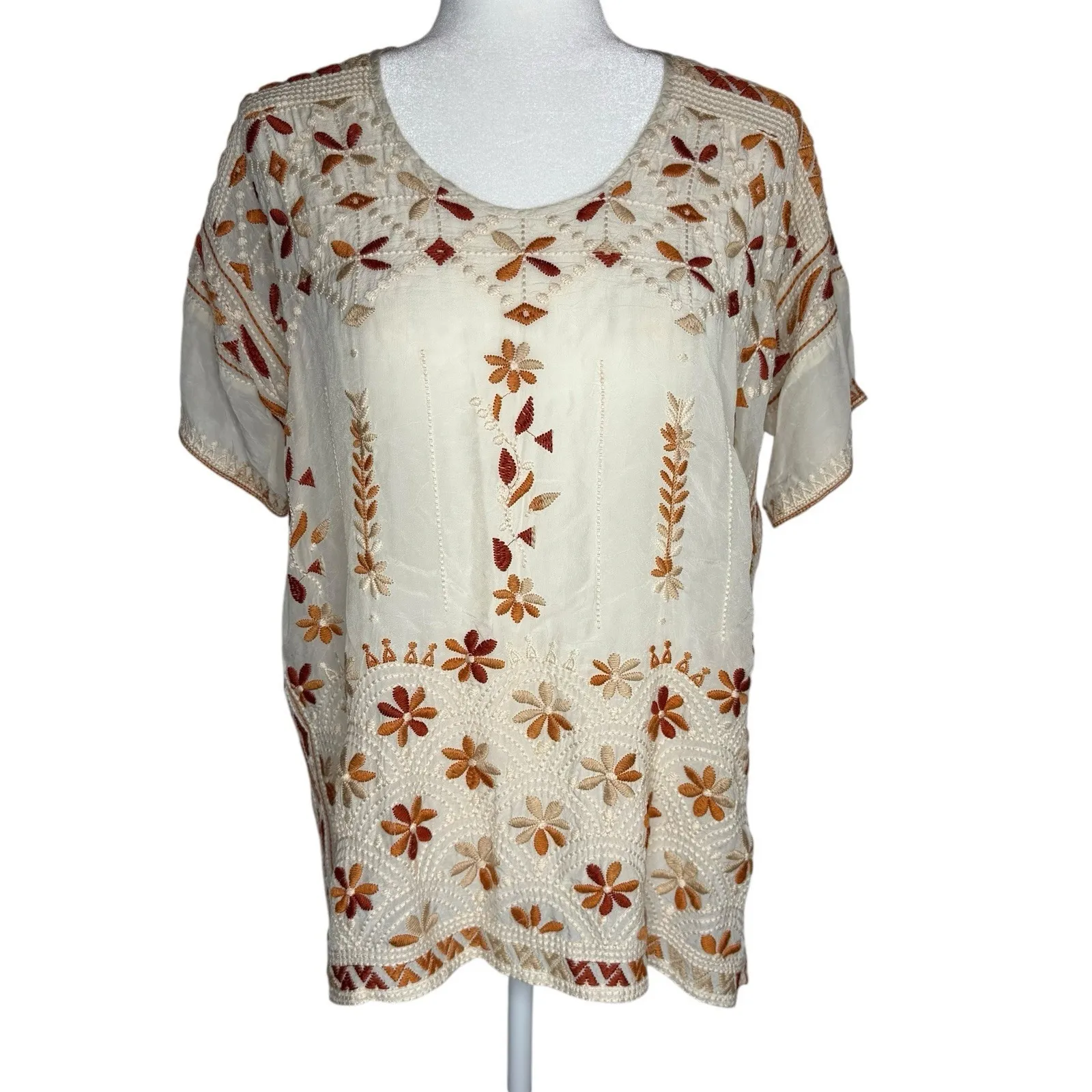 Johnny Was Aubrey Blouse Small Cream Embroidered Floral Boho Peasant Top‎ Tunic - Image 2