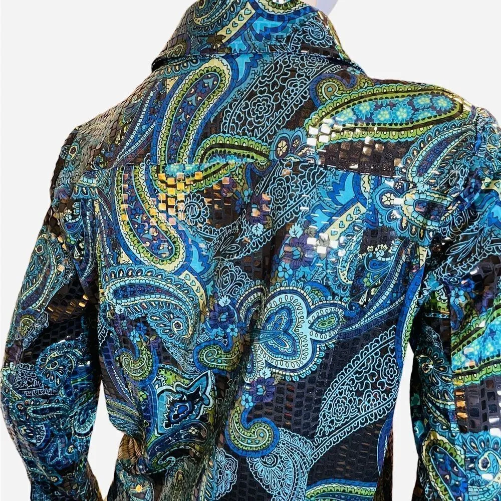 Vintage 90s Metallic Paisley Long Sleeve Button Down Top Blue Size undefined - Image 9