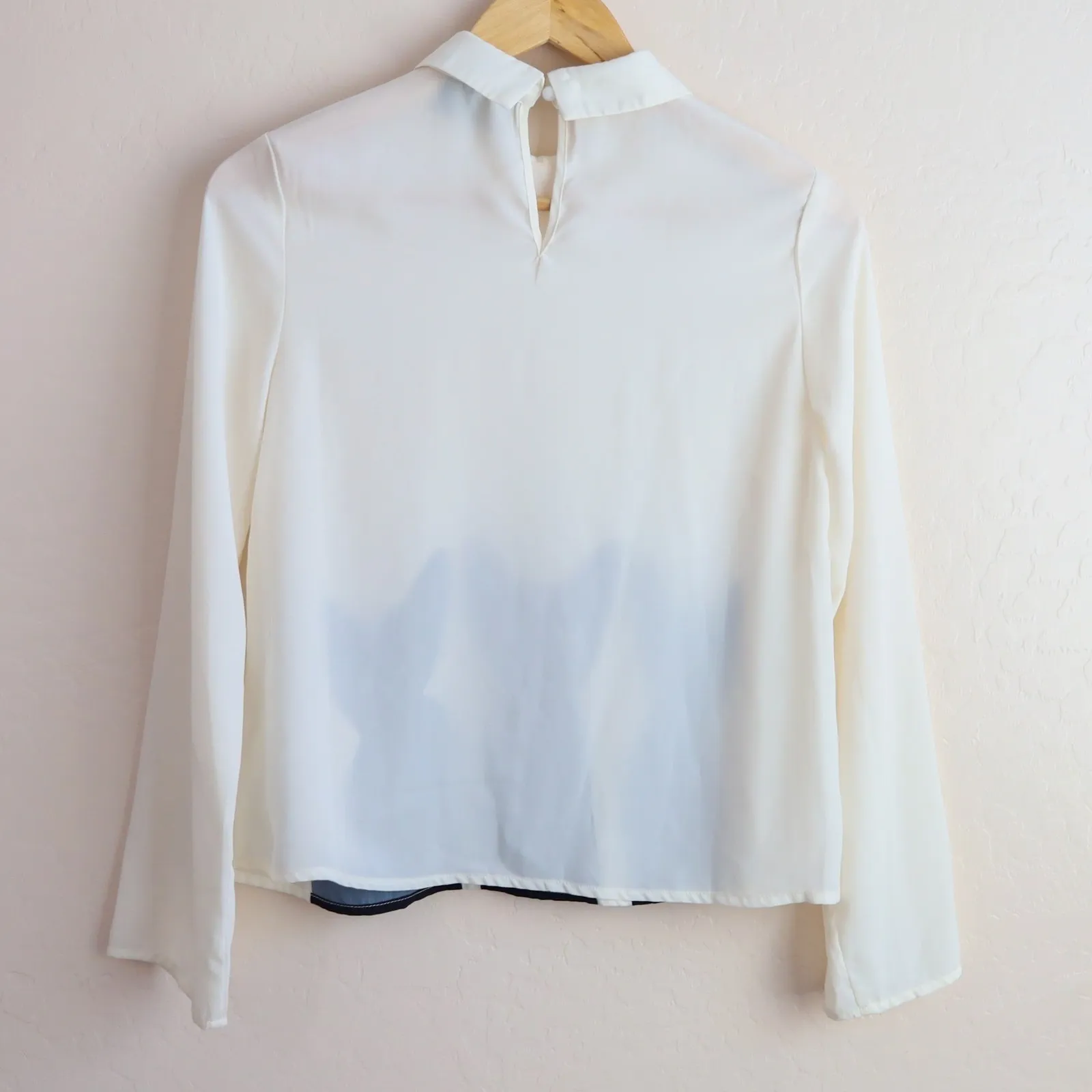 The Moon Cream Long‎ Sleeve Chiffon Blouse Black Cat Print Collar Top Women's S - Image 9
