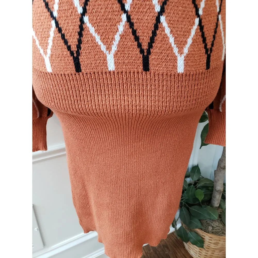 SHEIN Sweater Dress Women's Size 12 Orange Argyle Pattern Drop Shoulder Pullover - Image 2