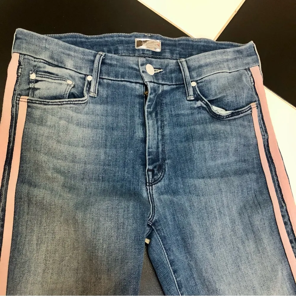 Mother Denim The Looker Ankle Fray Baby Pink Side Stripe Thunderstruck Moto sz28 - Image 7