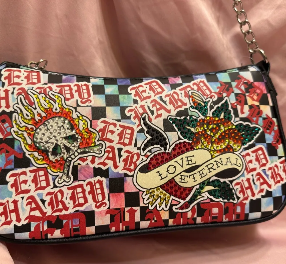 Ed Hardy Love Eternal Y2K Shoulder Bag Skull Rose Rhinestone Baguette NWT - Image 1