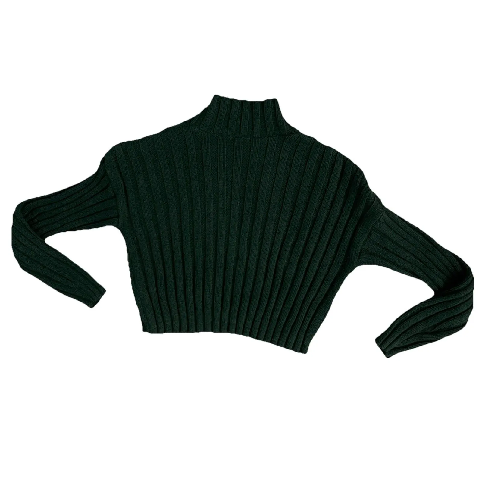 Moda International Cable Knit Sweater Large Chunky Cropped Boxy Mock Neck Green - Image 2