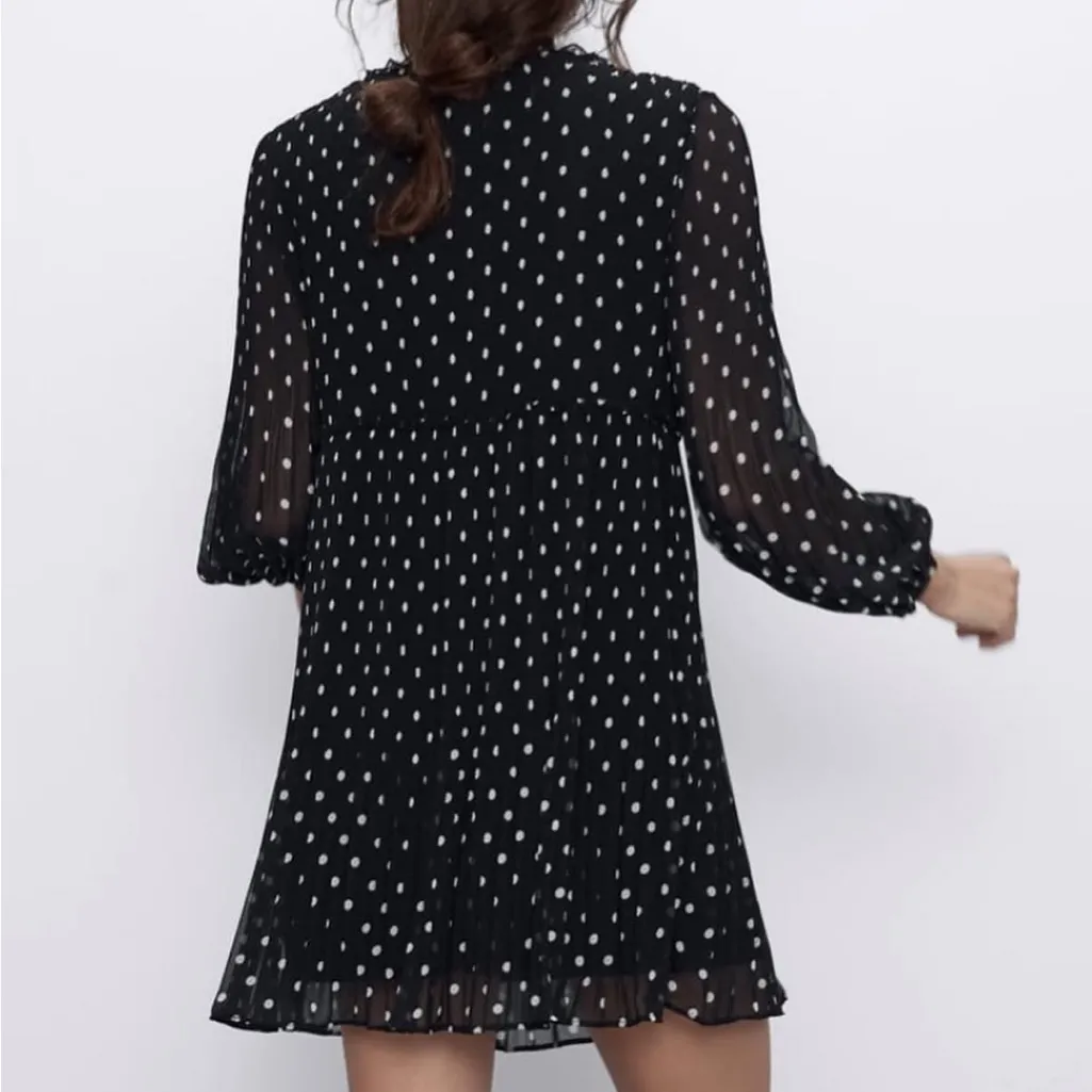 ZARA Long Sleeve Babydoll Mini Dress Black and White Polka Dot Chiffon Small - Image 2