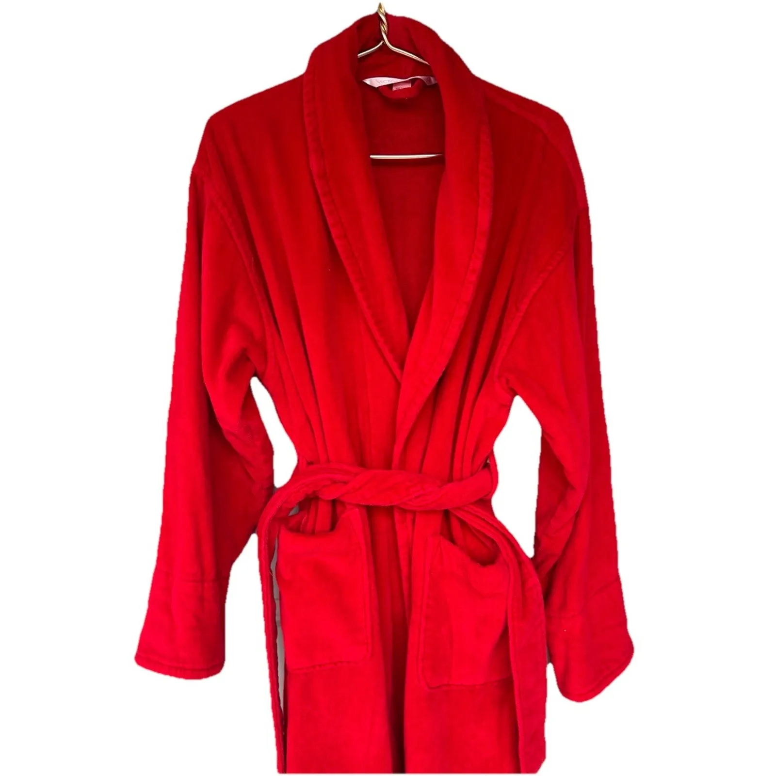 Vtg Victoria's Secret VS Red 100% cotton terry cloth robe pocket belt M/L Y2K - Image 2