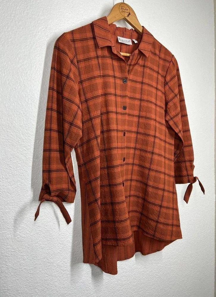 Habitat Small S Plaid Tie Sleeve Button Front Top Burnt Orange Black - Image 4