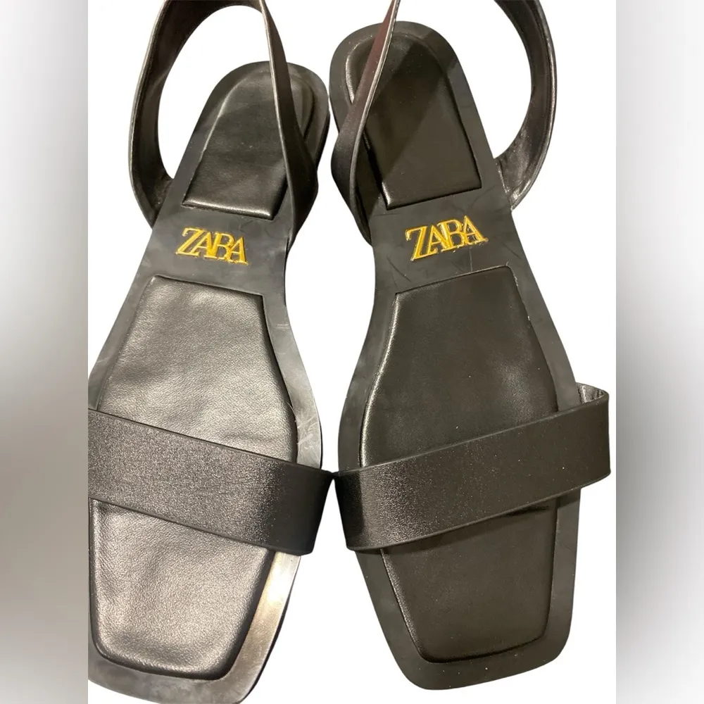 ZARA Black Leather Flat Sandals Size 38 Square Toe Minimalist Slingback - Image 4
