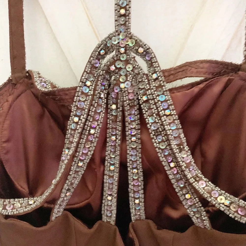 Vintage Sterling by Stone Ferris Brown Maxi Dress 8 Gown Formal Rhinestones Slit - Image 6