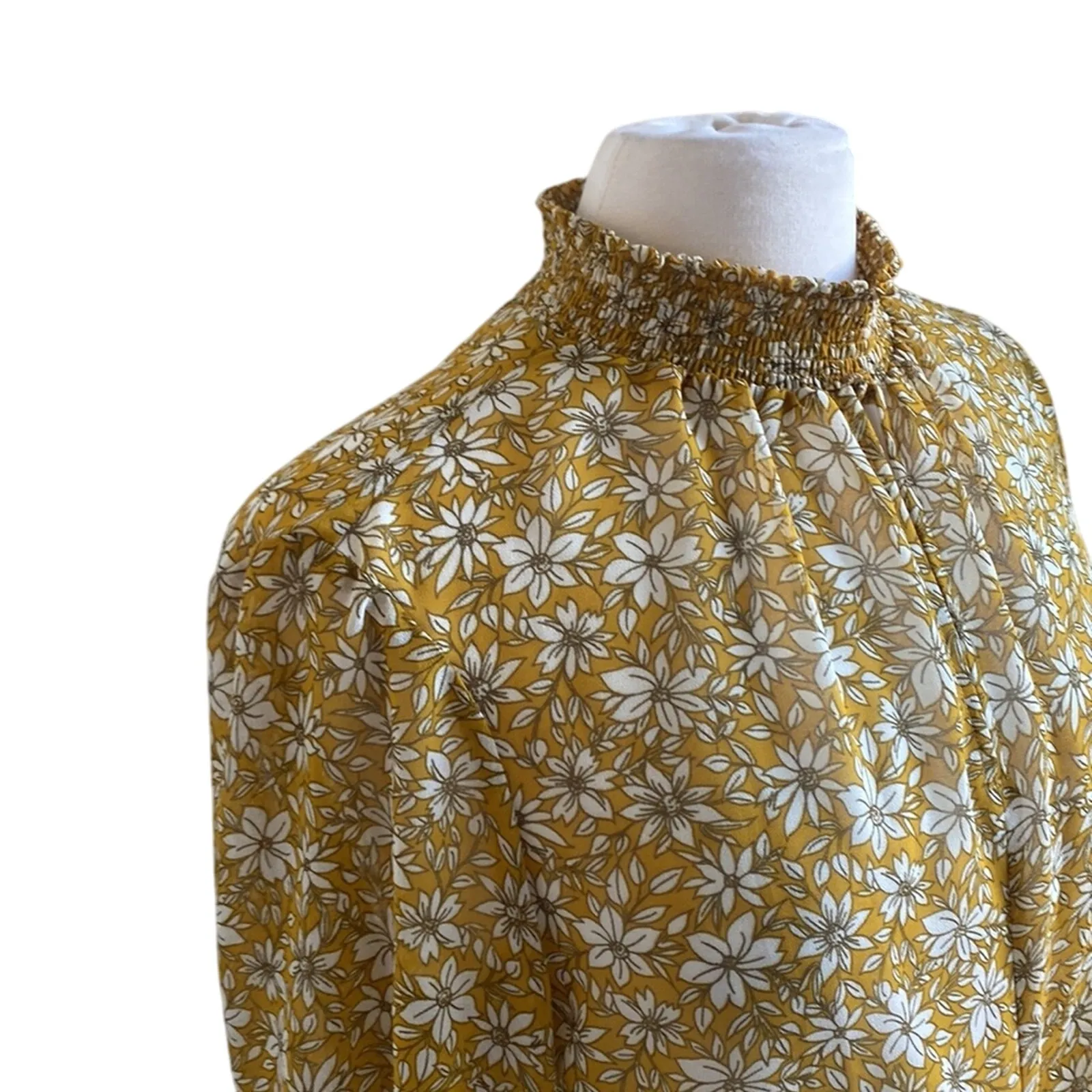 1 STATE Blouse Womens Sz Medium Yellow Floral Wrap Shirt Sheer Coquette - Image 2