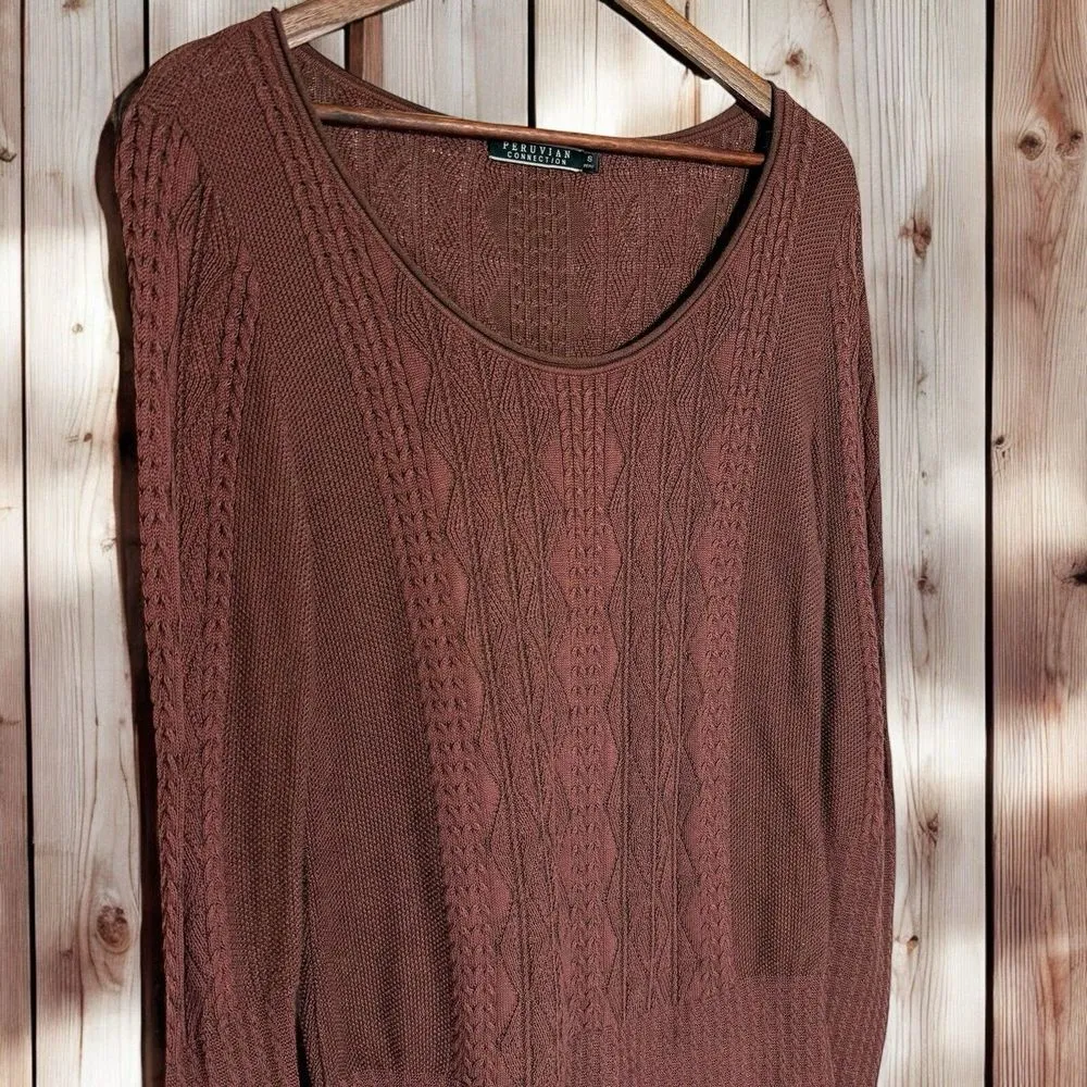 Peruvian Connection Cable Knit Sweater | Womens Small | Brown 100% Pima Cotton - Image 3