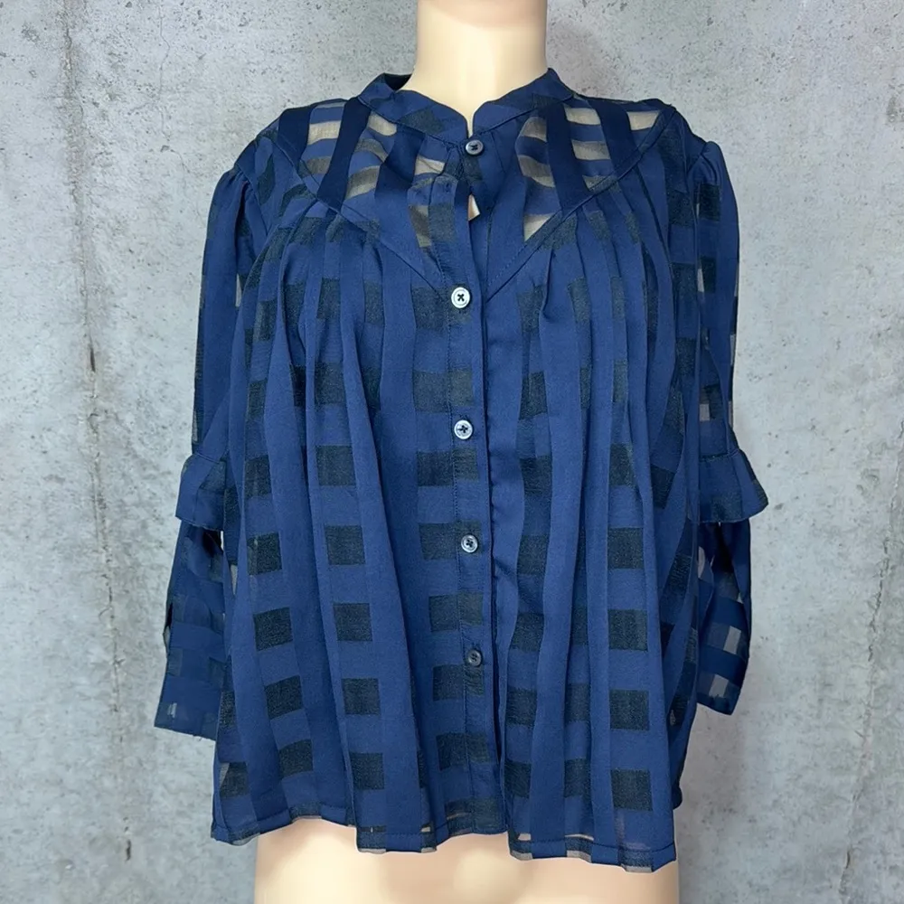 Anthropologie Current Air Navy Blue Windowpane
Button Down Blouse Sz S - Image 2