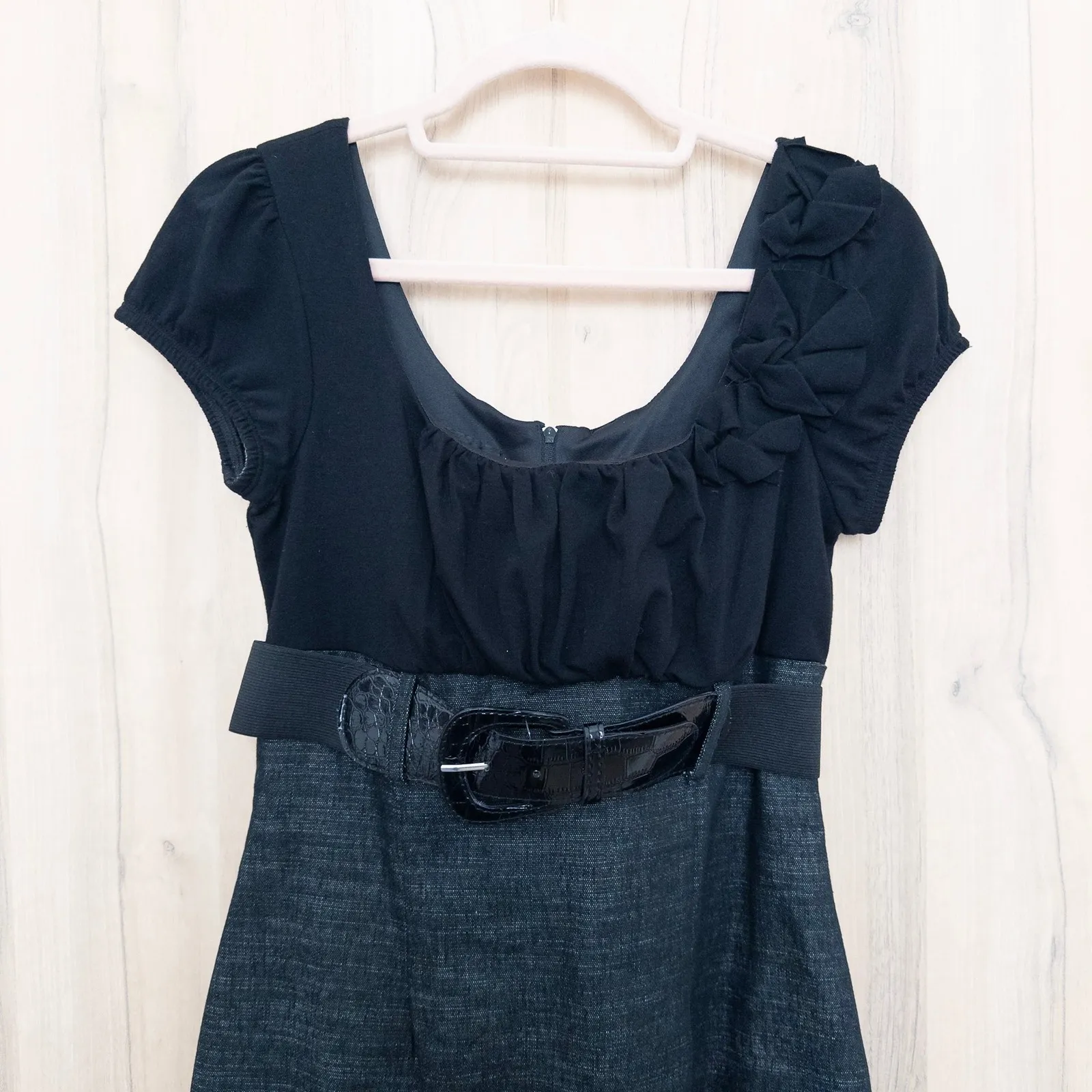 Y2K Iz Byer Womens Dress Size 7 Black Belted Office Siren Chic Classic Babydoll - Image 2