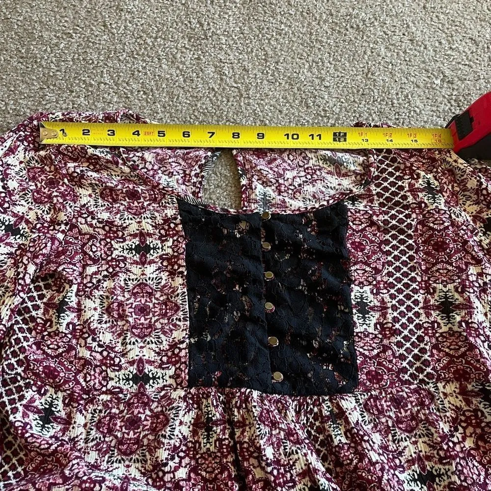 Maurices Women’s Burgundy Bohemian Floral Print 3/4 Sleeve Tie Back Mini Dress M - Image 14