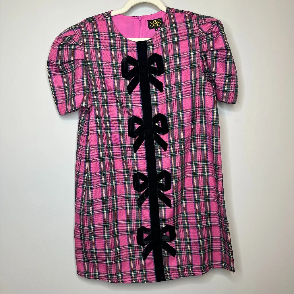 SSYS Everly Velvet Bow Trim Puff Sleeve Shift Dress Pink Tartan Women's Large - Image 2