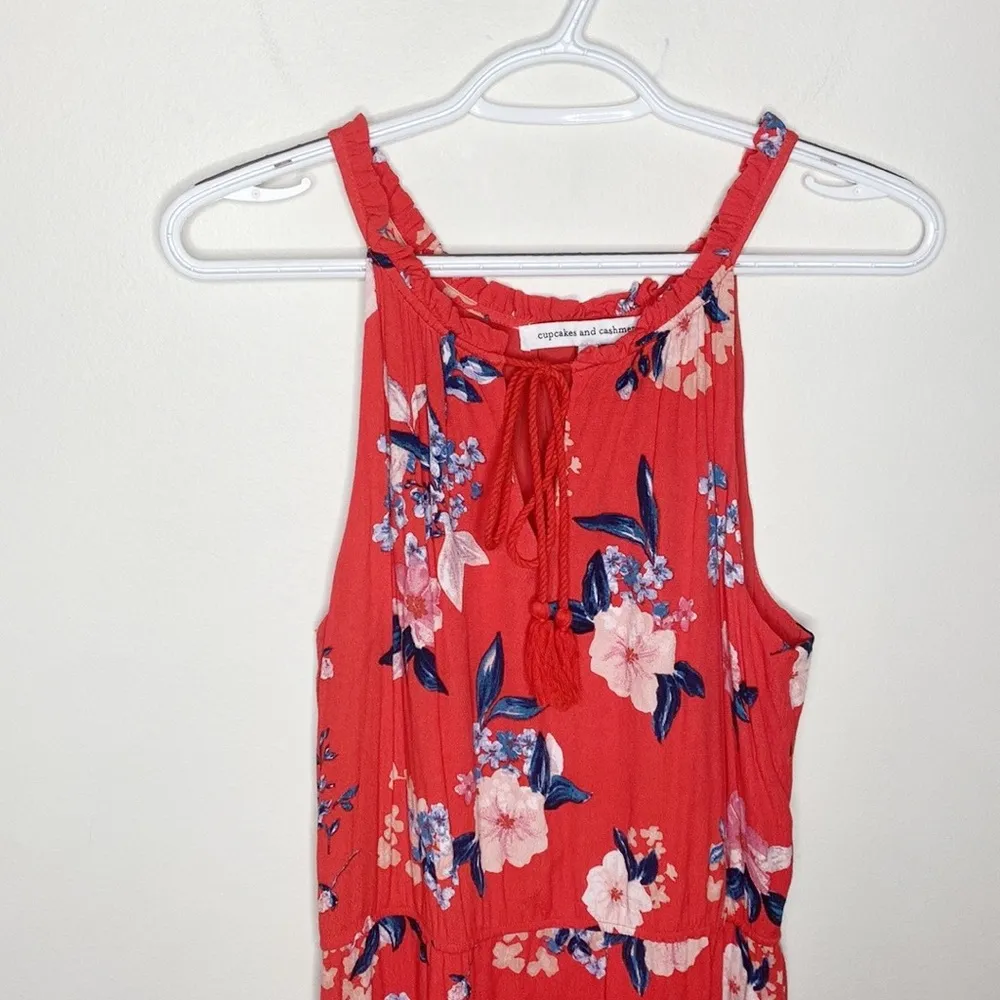 Cupcake and Cashmere crepe coral red floral ruffled tassel tie sun dress size L - Image 46