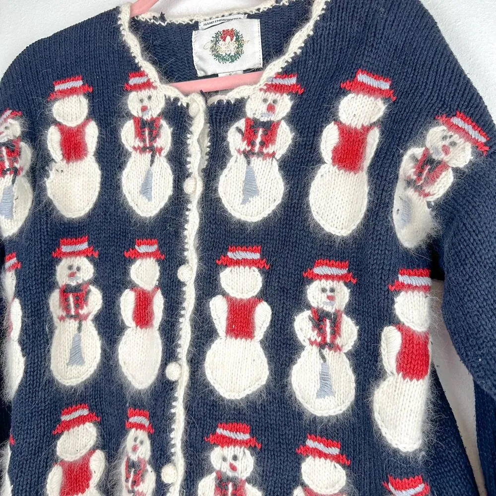 Christopher & Banks Vintage Snowman Christmas Cardigan Sweater Hand Embroidered - Image 2