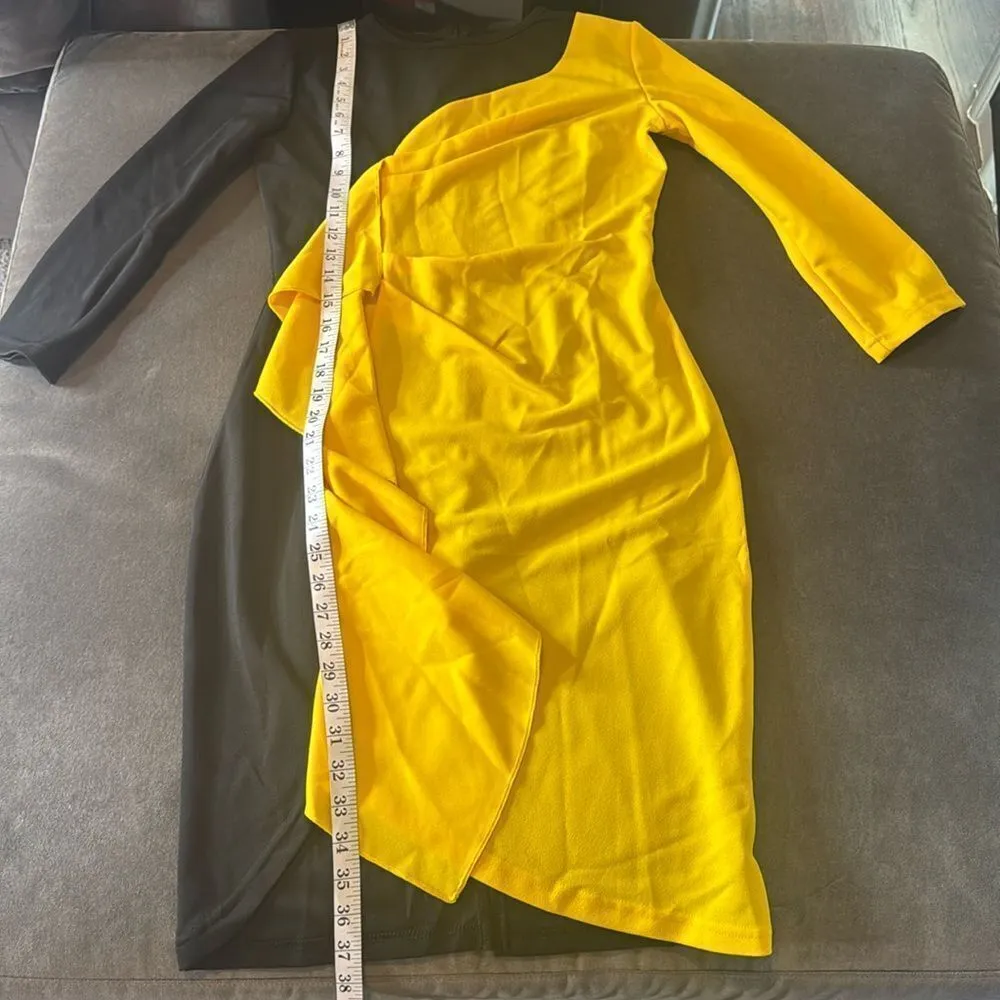 Women’s Black & Yellow Asymmetrical Ruffled Front Midi Dress 3/4 Sleeve Size S - Image 10