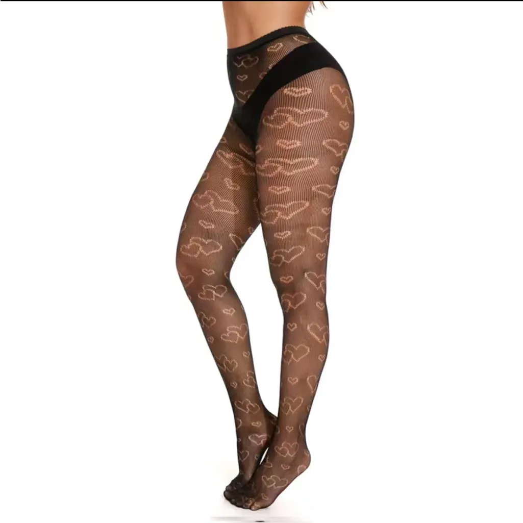 Heart Print Black Pantyhose, High Waist Semi - Image 5