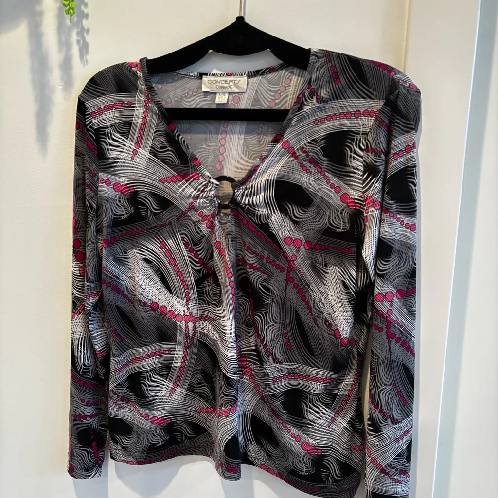 Concepts ConradC Euro Women's Geometric Black Pink White Keyhole Top Size Large - Image 2