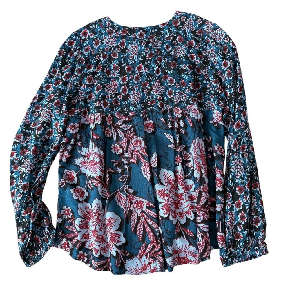 Band of the Free Josie Sapphire Mixed Print Peasant Boho Long Sleeve Top Small Blue - Image 3