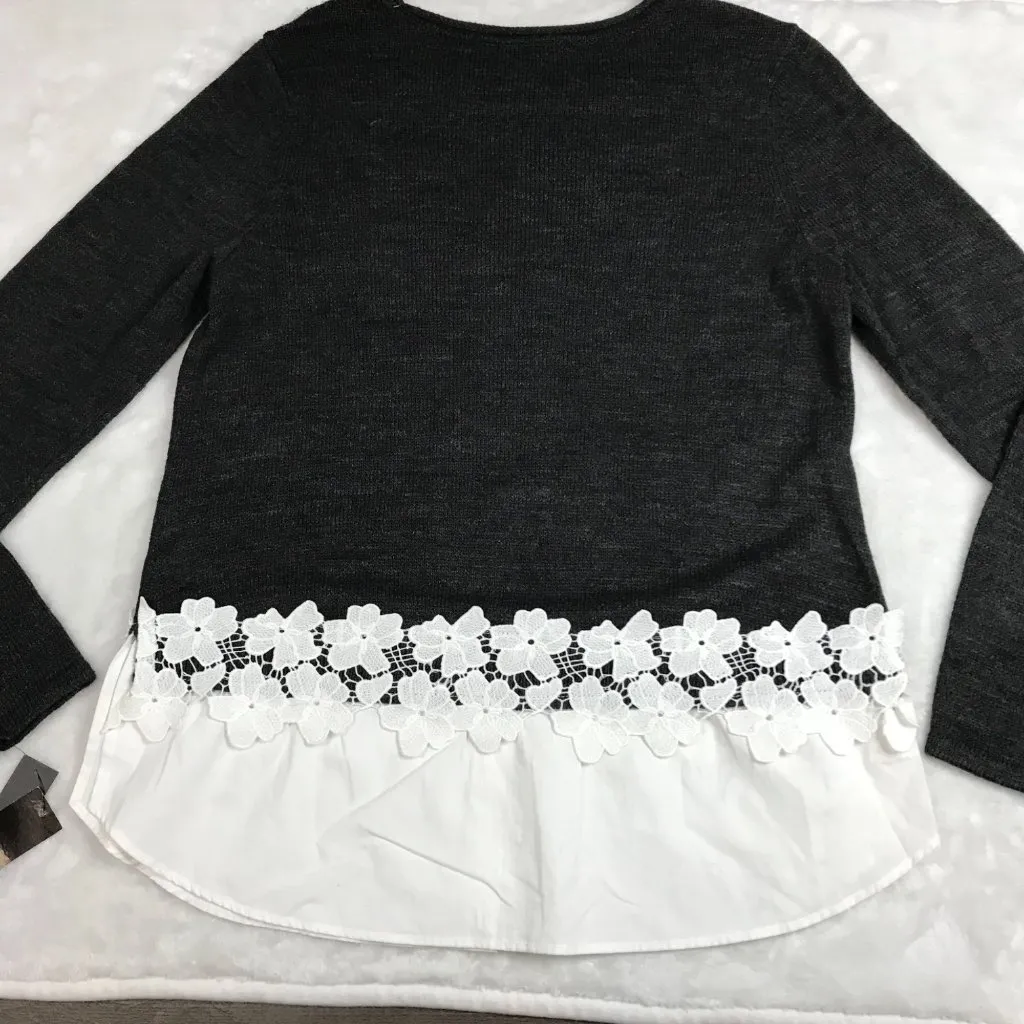 AB Studio Cotton Blend Faux Layered Long Sleeve Sweater Charcoal Gray Medium - Image 4