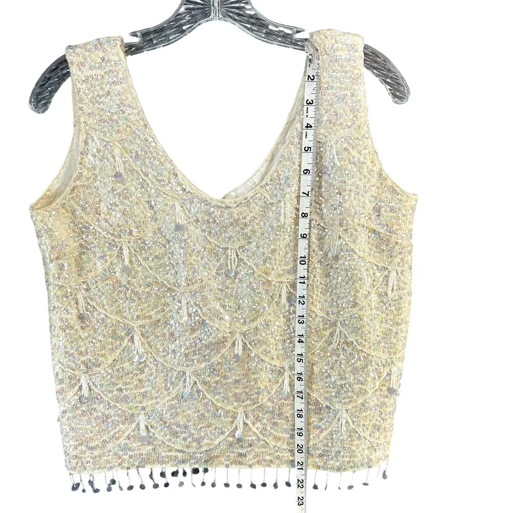 Vintage 60s Beaded Tank Top M Cream Sequin Iridescent Fringe Mod Party Elegant Size M - Image 9