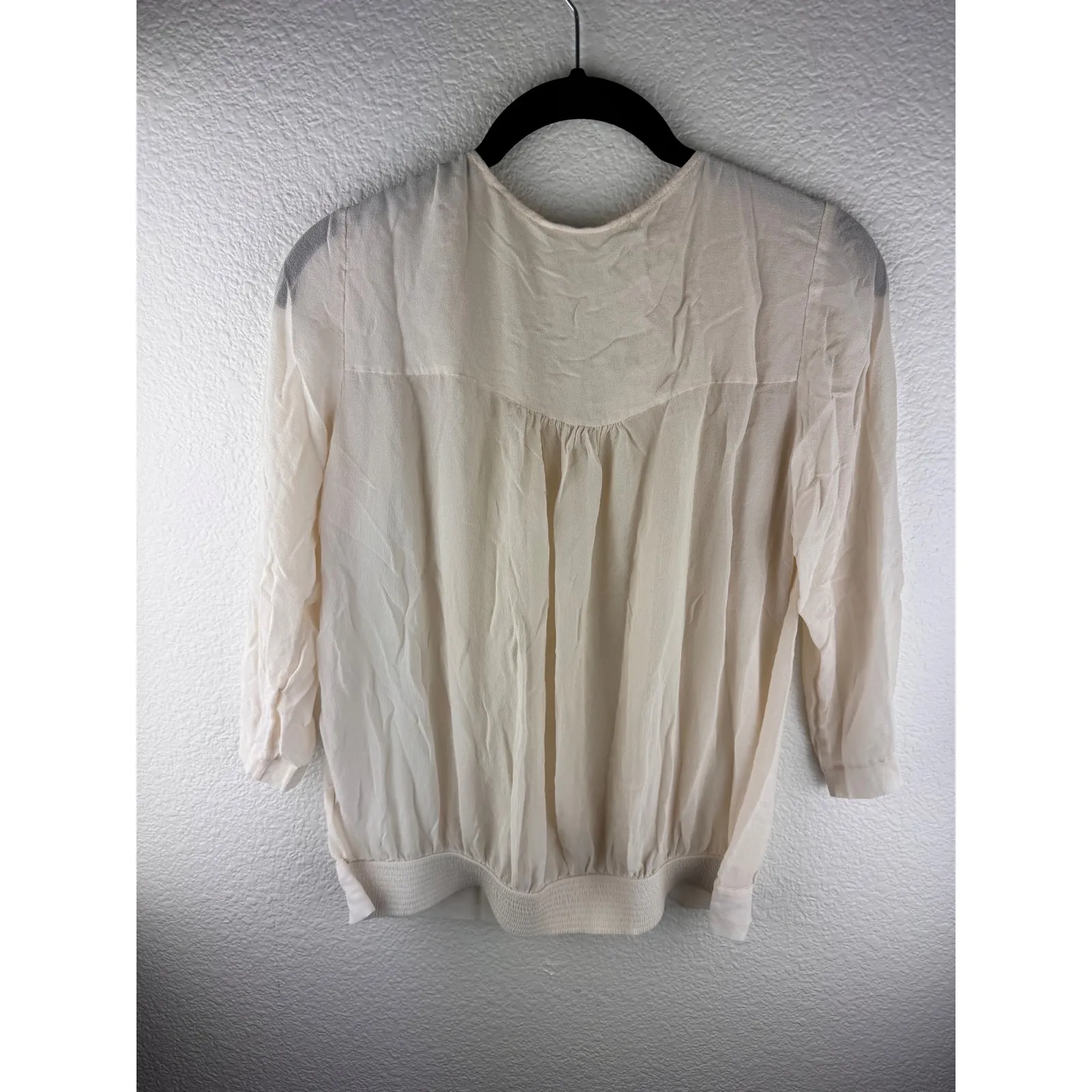 Club Monaco Womens Beige Smocked Sheer Long Sleeve Top Blouse 100% Silk XS - Image 4