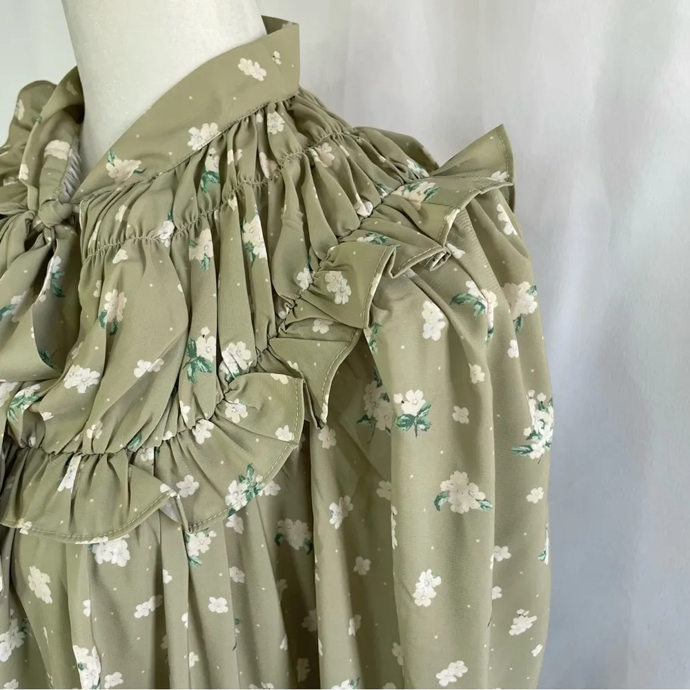 New  Floral Tie Neck Long Sleeve High Low Dress Green Size Small - Image 10