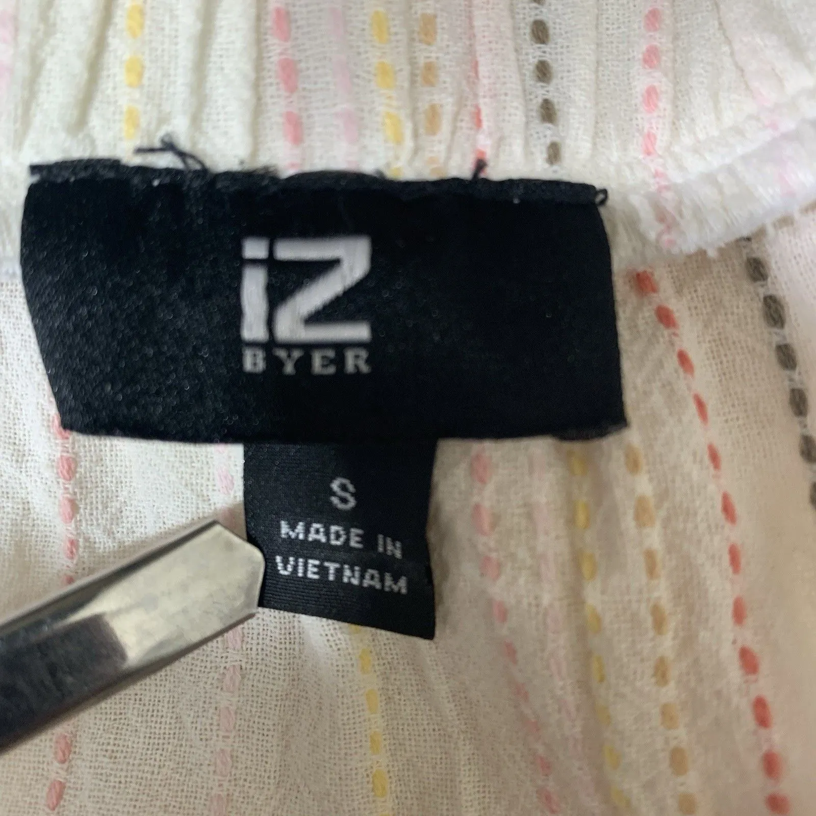 iZ Byer Women’s Off-Shoulder Button-Down Blouse Size S White Multicolor Striped - Image 6