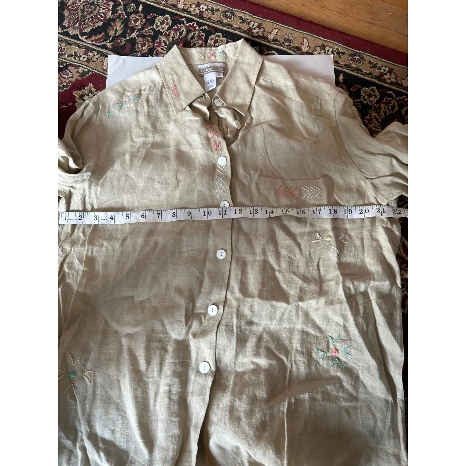 Coldwater Creek Linen Embroidered Button Down Shirt Women's L Tan Long Sleeve - Image 8