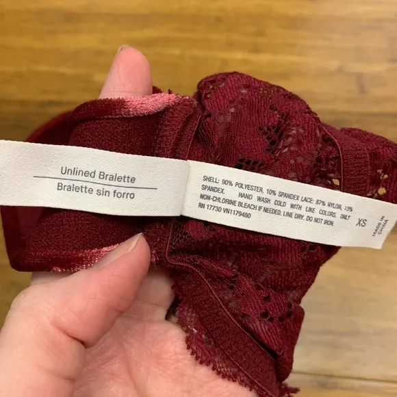 Auden Velvet Bralette Womens XS Red Lace Trim Cross Back Burgundy Wireless Sexy - Image 4