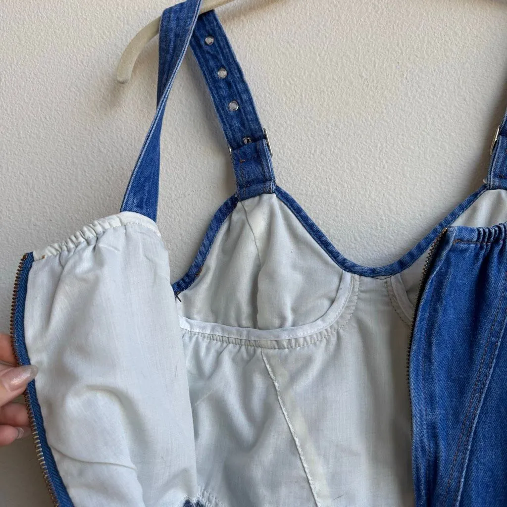 Y2K Denim Mini Dress with Buckle Straps Corset Bodice Grunge Festival Size XS Blue - Image 6