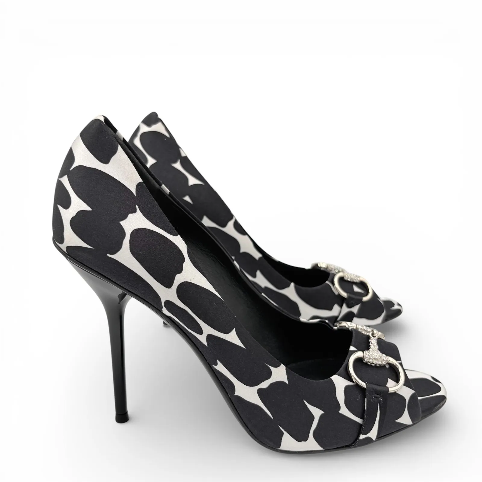 GUCCI Satin Crystal Horsebit Peep Toe Heels Sz 9 Black White LIKE NEW COA EU 39 - Image 4