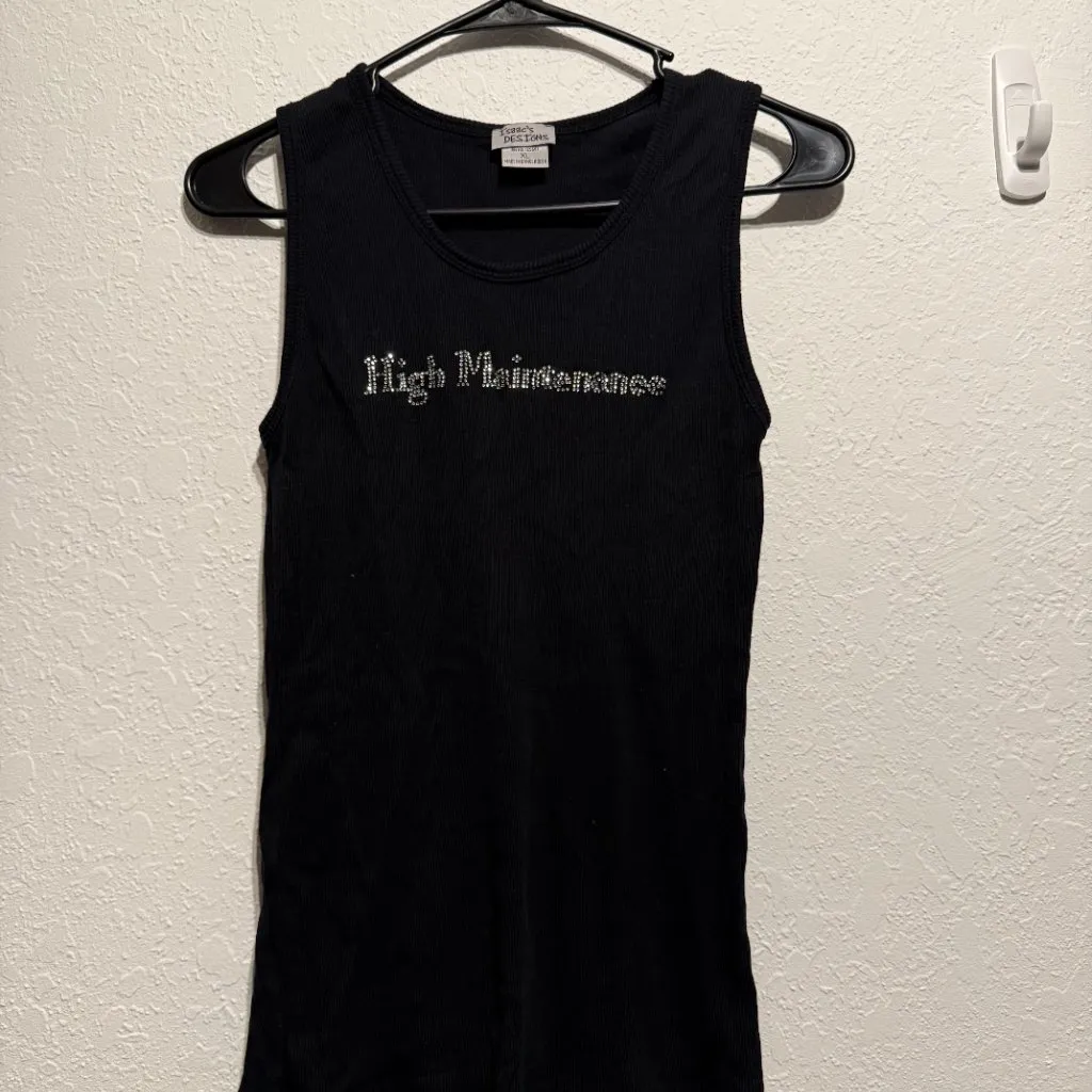 Isaac’s Designs Black Rhinestone “High Maintenance” Ribbed Tank Top XL Sparkle - Image 3