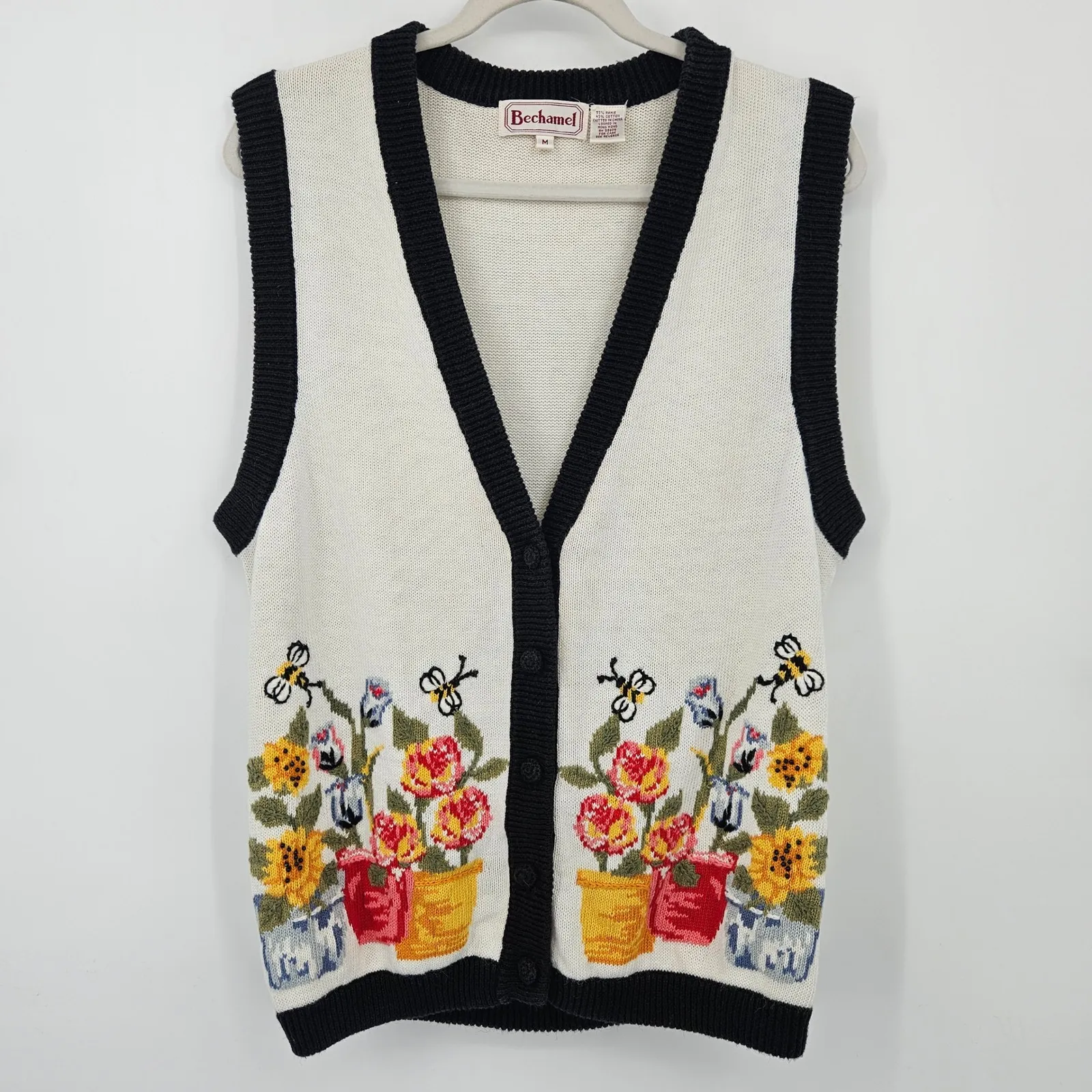 Vintage Bechamel Floral Vest Medium Cream Black Knit Sleeveless Garden Button Up - Image 2