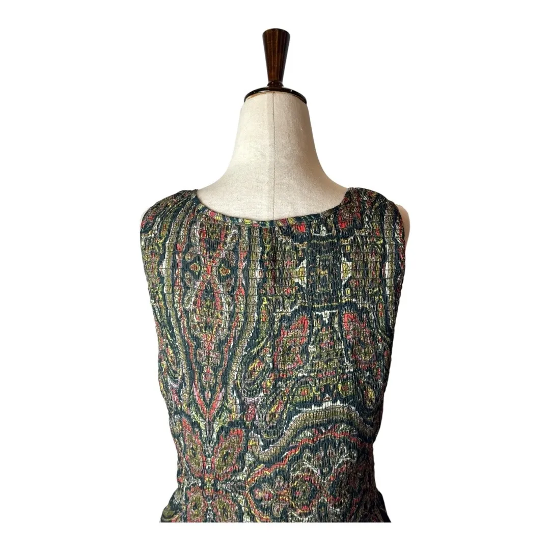 Free People Shirt Women Medium‎ Tan Green Floral Peplum Hem Top Cottage Bohemian - Image 5