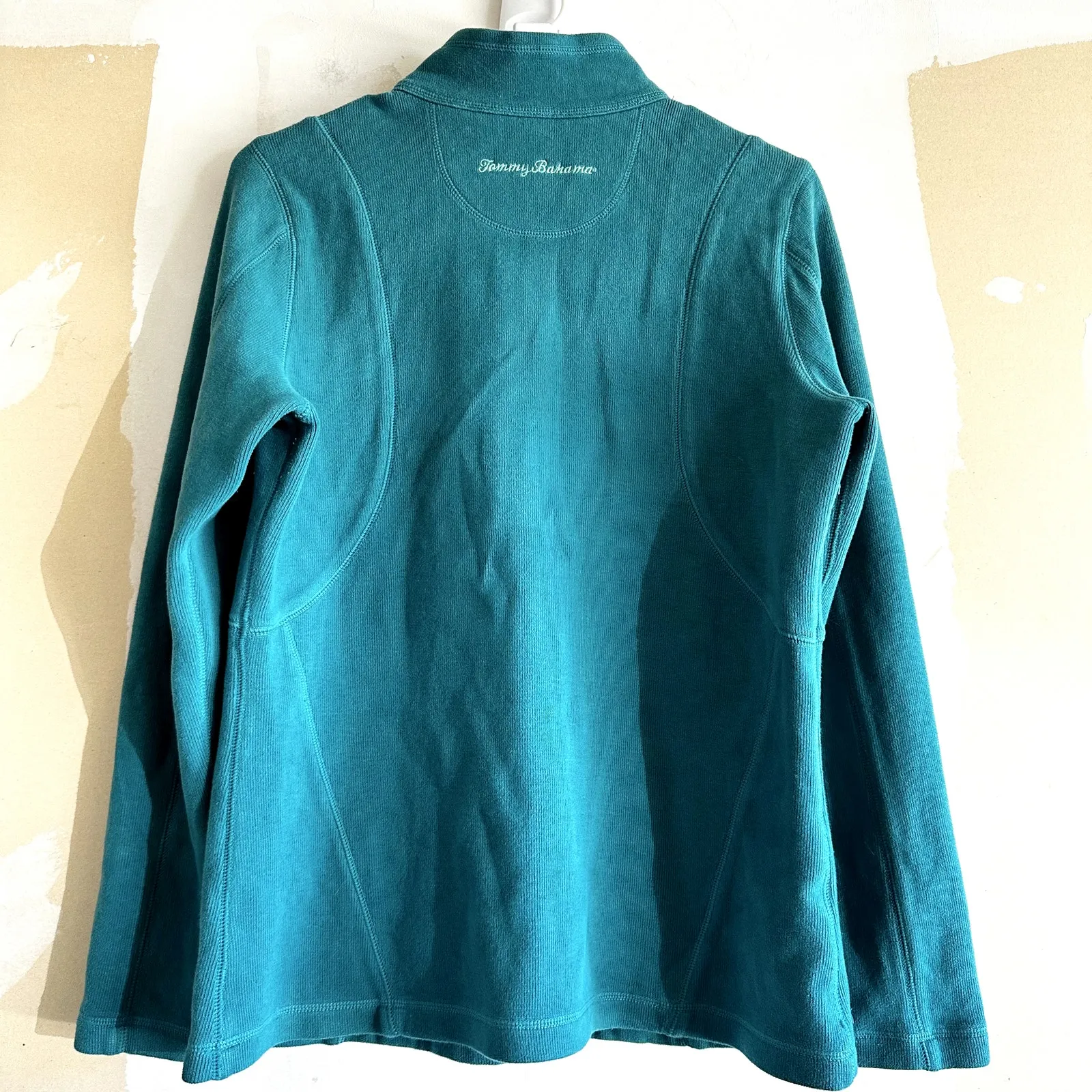 Tommy Bahama 1/2 Zip Sweater Hand Pockets Embroidered High Neck Cotton Blue M - Image 5