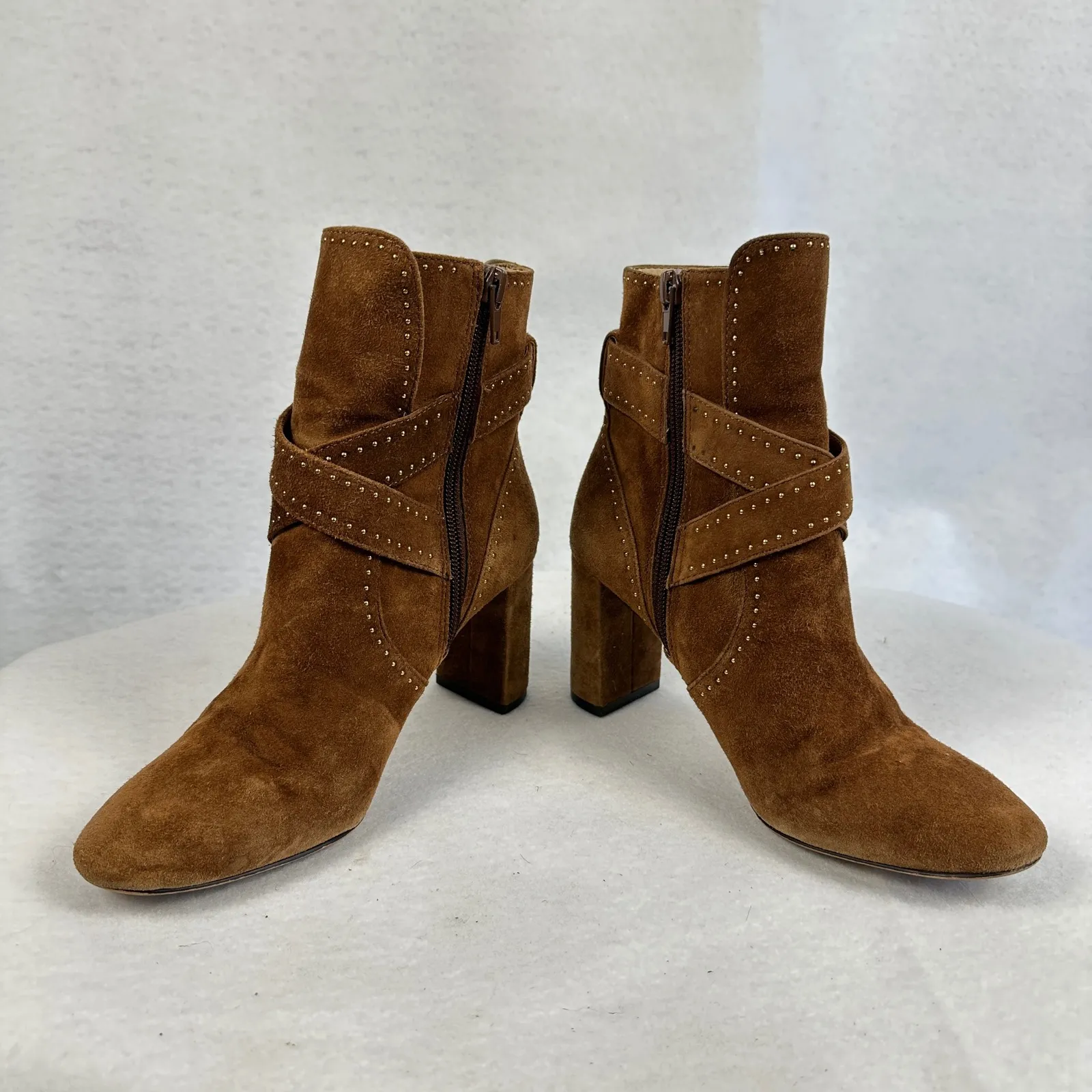 Ann Taylor Brown Suede Studded Buckle Ankle Boots Women 6M Block Heel‎ Moto Boho - Image 4