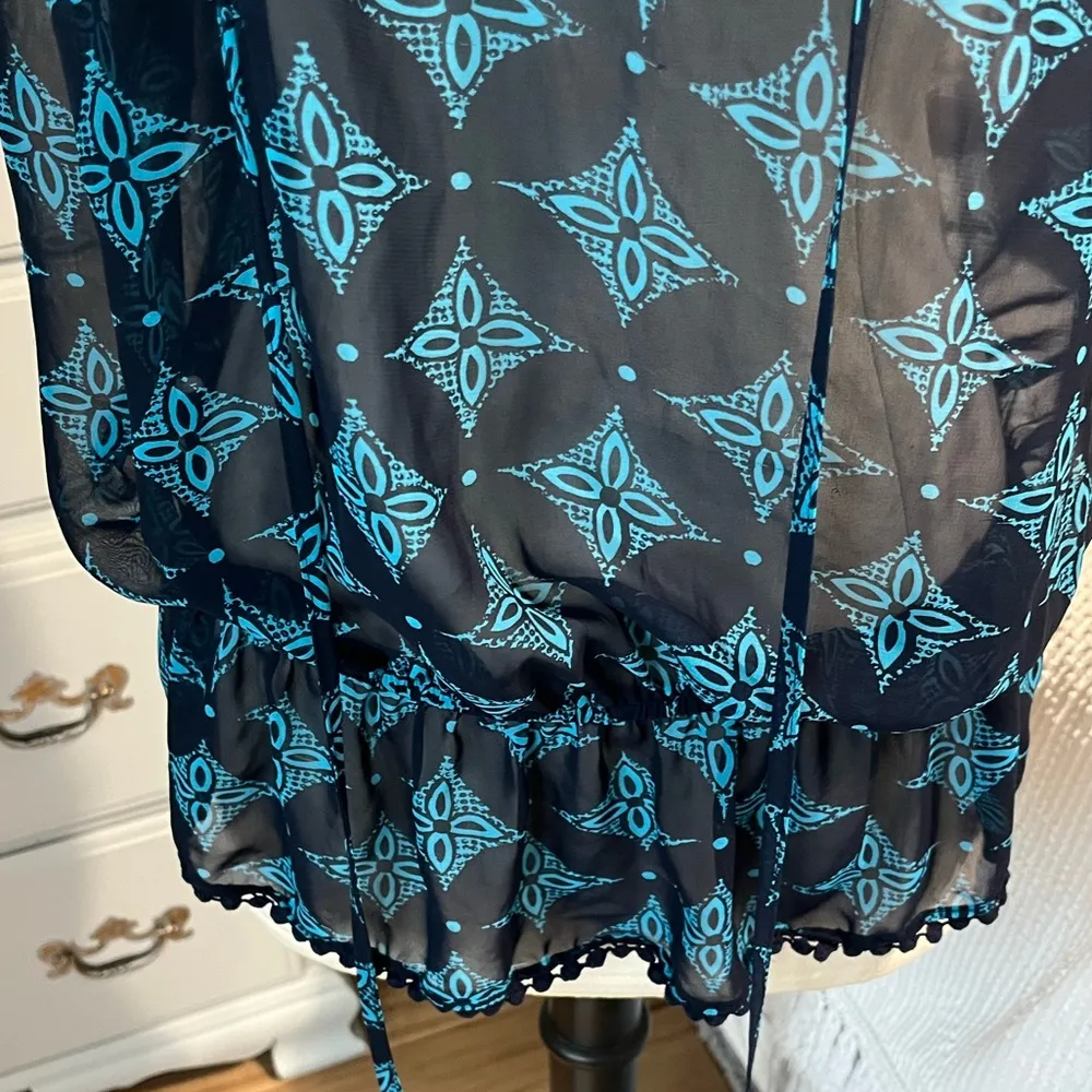 Blue Blousy Top Loose Womens Medium Semi Sheer - Image 4