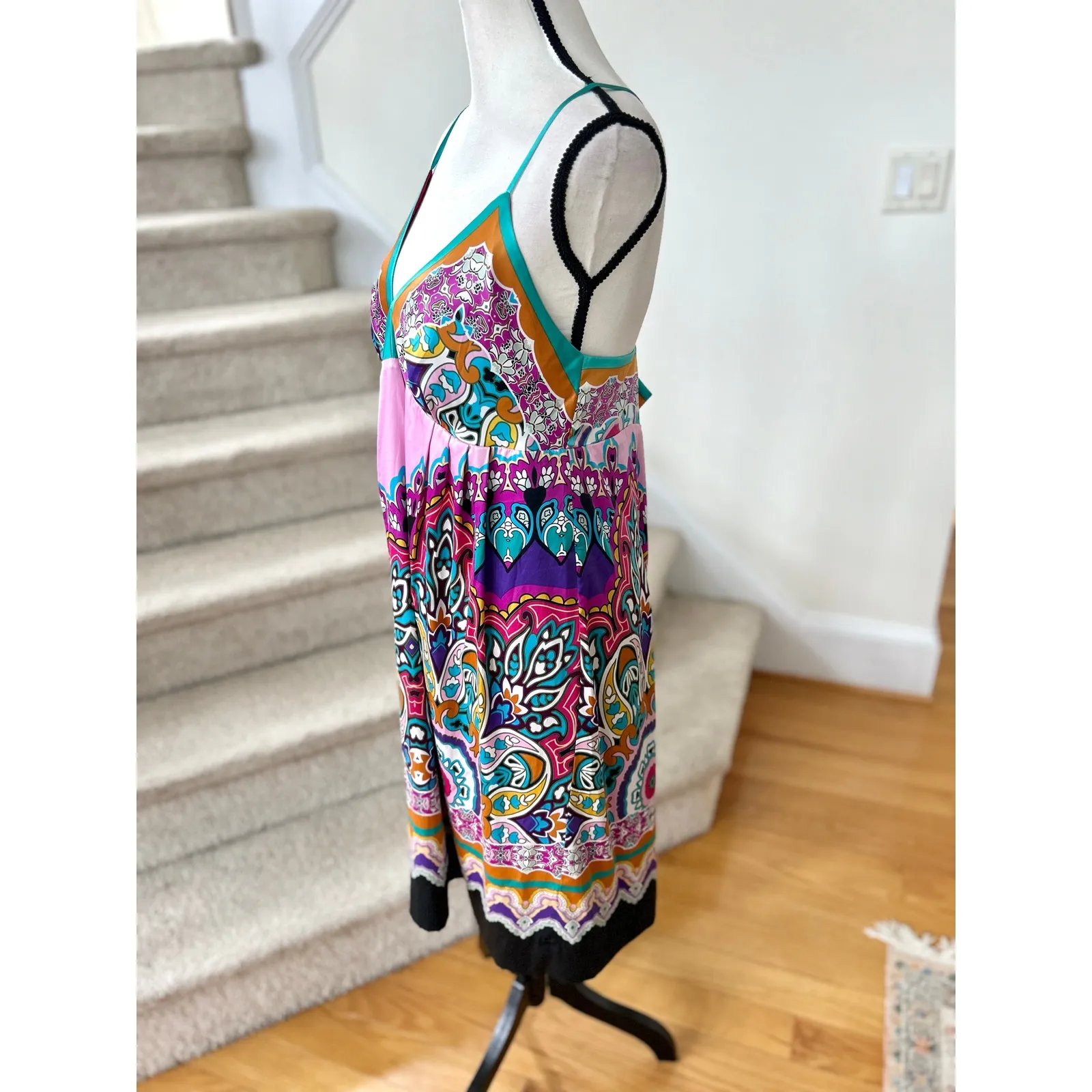 Vintage MixIt Pink Turquoise Satin Paisley Y2K Boho Babydoll Slip Dress - Image 3