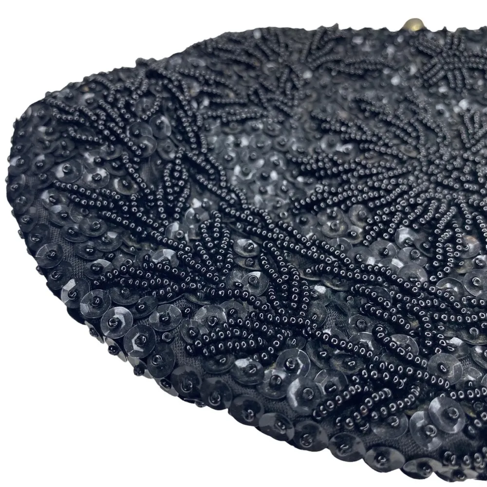 Vintage: Handmade Sequin Embroidery Evening Mini Bag ❁ Black Silk ❁ Gold Chain - Image 2