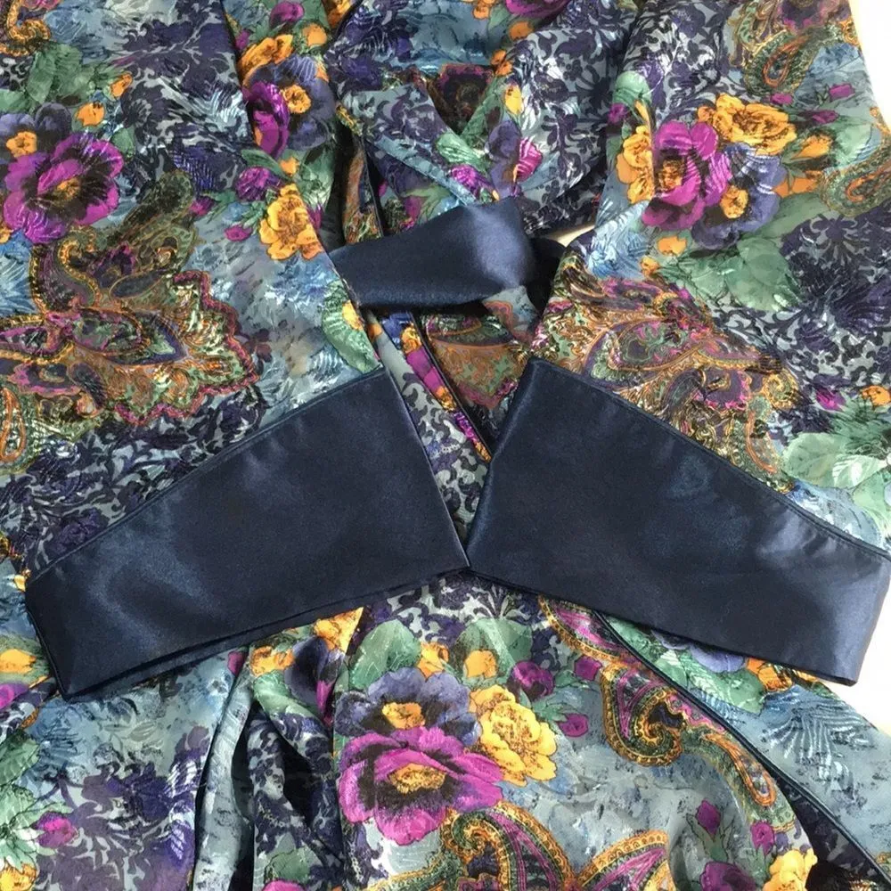 Victoria’s Secret • Teal Floral Small Petite Satin Robe with Fringe Sash - Image 11