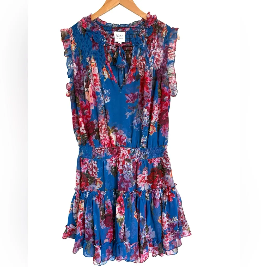 MISA Los Angeles Sabine in Digital Print Floral Blue Pink Mini Dress L Large - Image 4