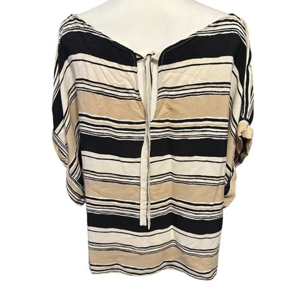 Zara Tan Beige White Black Stripe Tie Back Top Blouse Shirt Sz L - Image 5