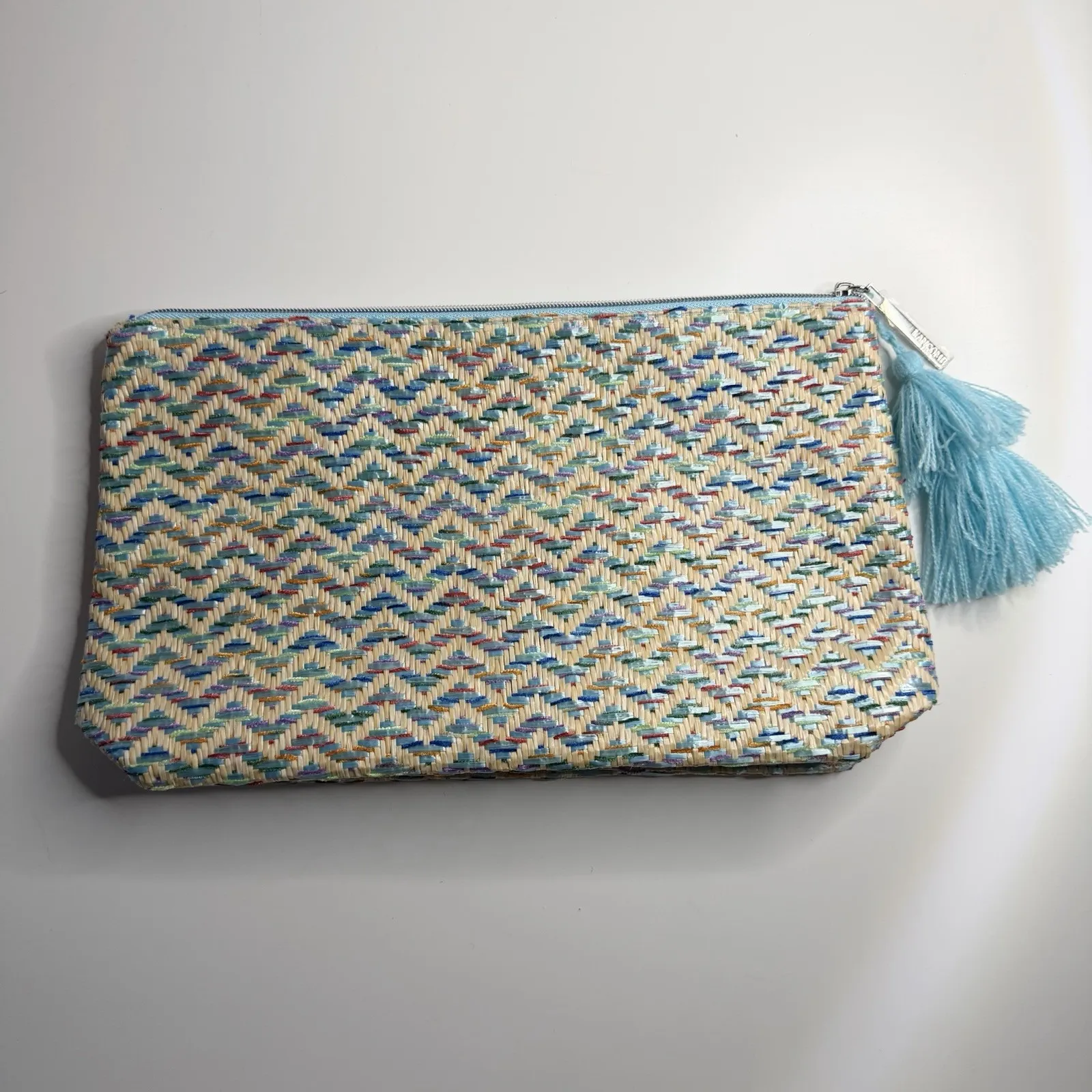 Lancome Cosmetic Bag Woven Blue Multicolored Tasseled Make Up Bag Travel Storage - Image 2