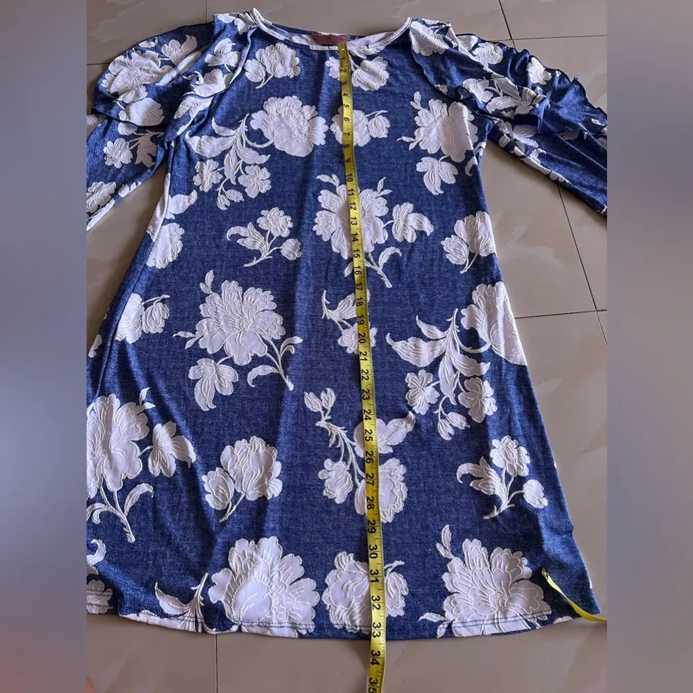 SJS blue tunic dress with white floral design and embroidery XL - Image 7