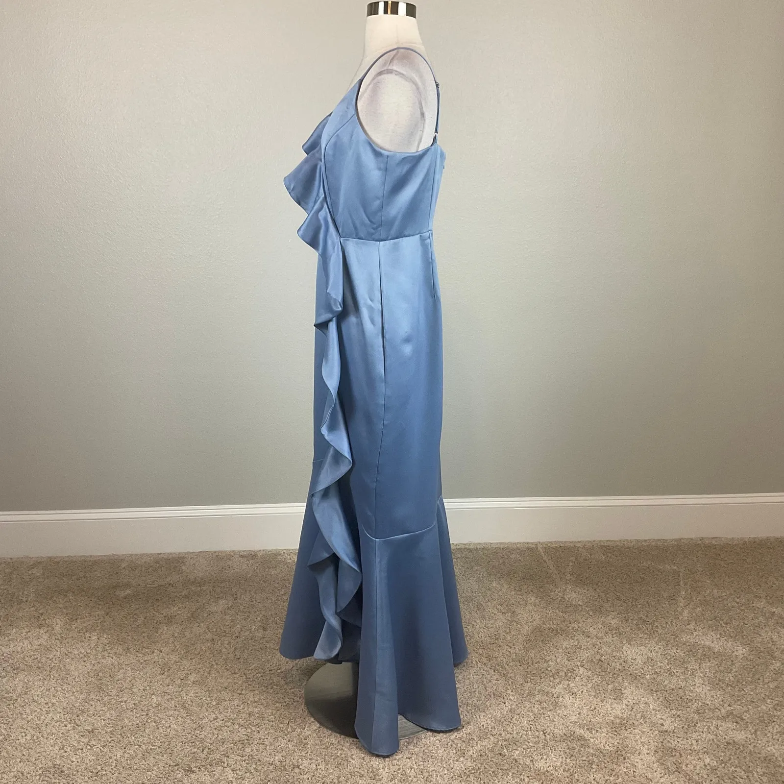 DKNY Satin Ruffled Sleeveless High Low V-Neck Evening Gown Blue Size 16 Dress - Image 4