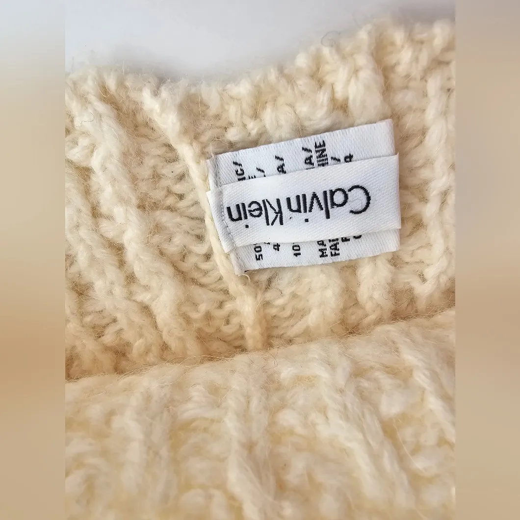 Calvin Klein Cream Cable Knit Alpaca Wool Blend Beanie Hat - Image 3