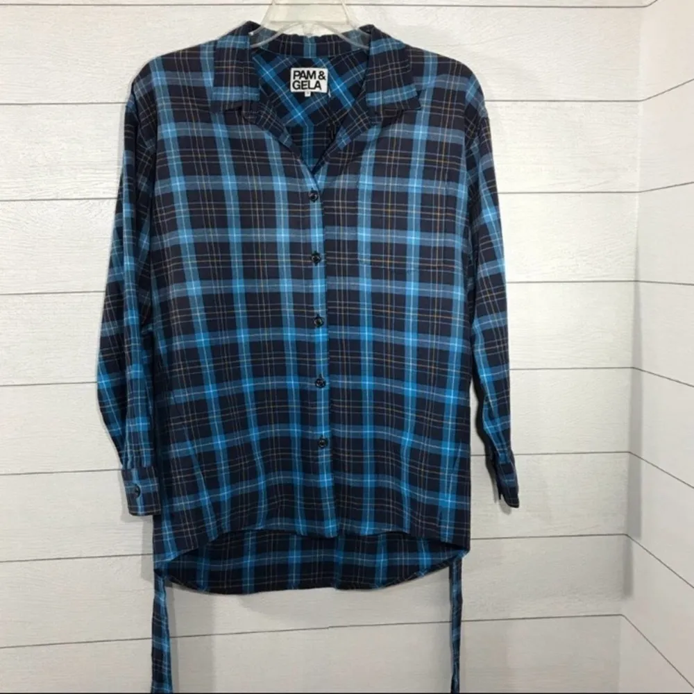 PAM & GELA Blue and Black Plaid Long Sleeve Shirt Size Small NWT - Image 56